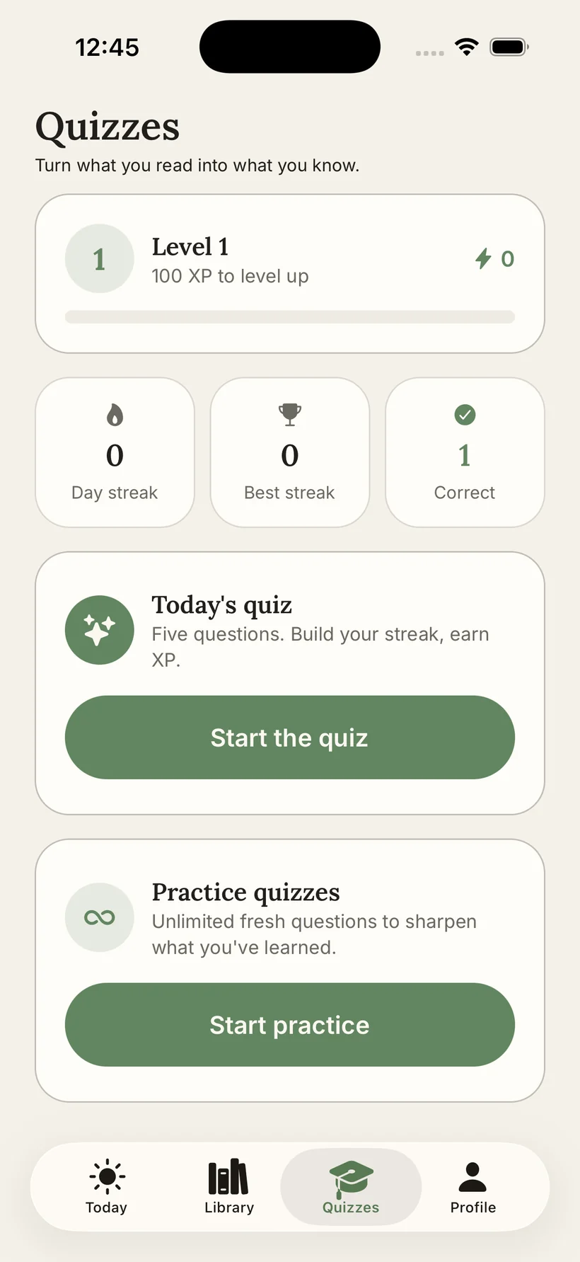 Adage quizzes hub with XP and streak