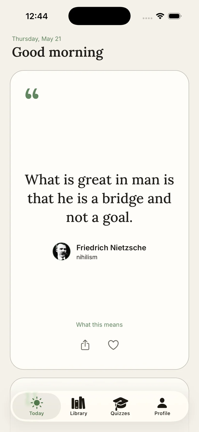The Adage Today screen showing a daily quote from a great thinker